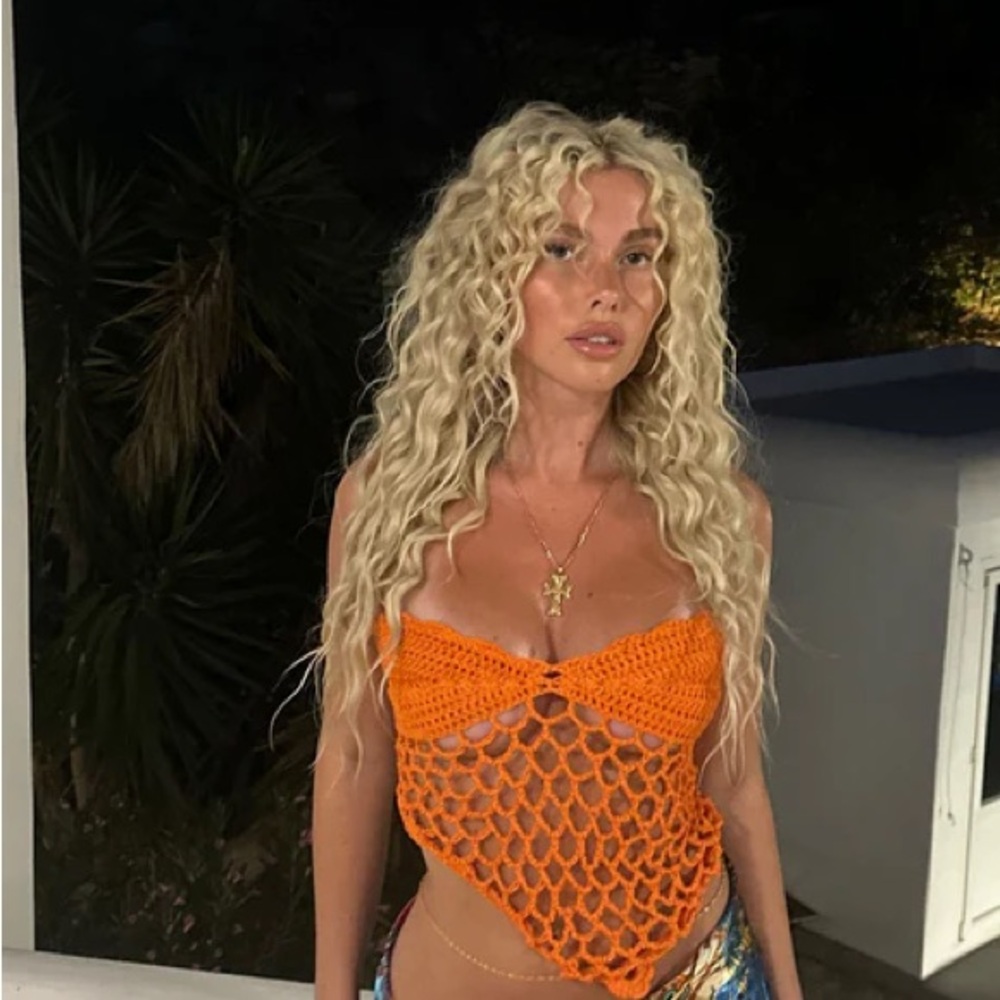 Bright Orange Crochet Mesh Halter Top